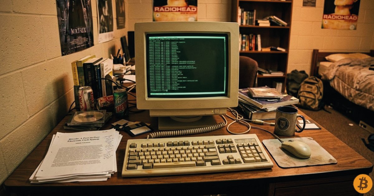 Grainy retro photograph of an old CRT monitor displaying the Bitcointalk forum homepage circa 2010, bathed in amber terminal glow
